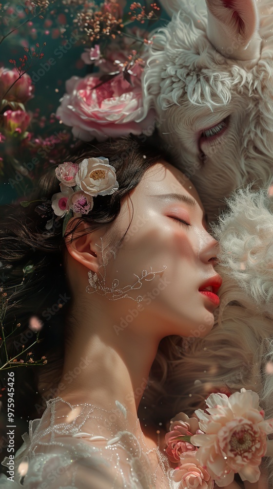 A young woman with flowers in her hair sleeps peacefully, her face illuminated by soft light, while a white furry animal rests beside her. A young woman with flowers in her hair sleeps peacefully, her face illuminated by soft light, while a white furry animal rests beside her.