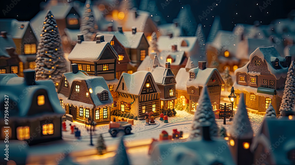 Obraz premium Christmas in small old village at night from aerial view. Postproducted generative AI illustration.