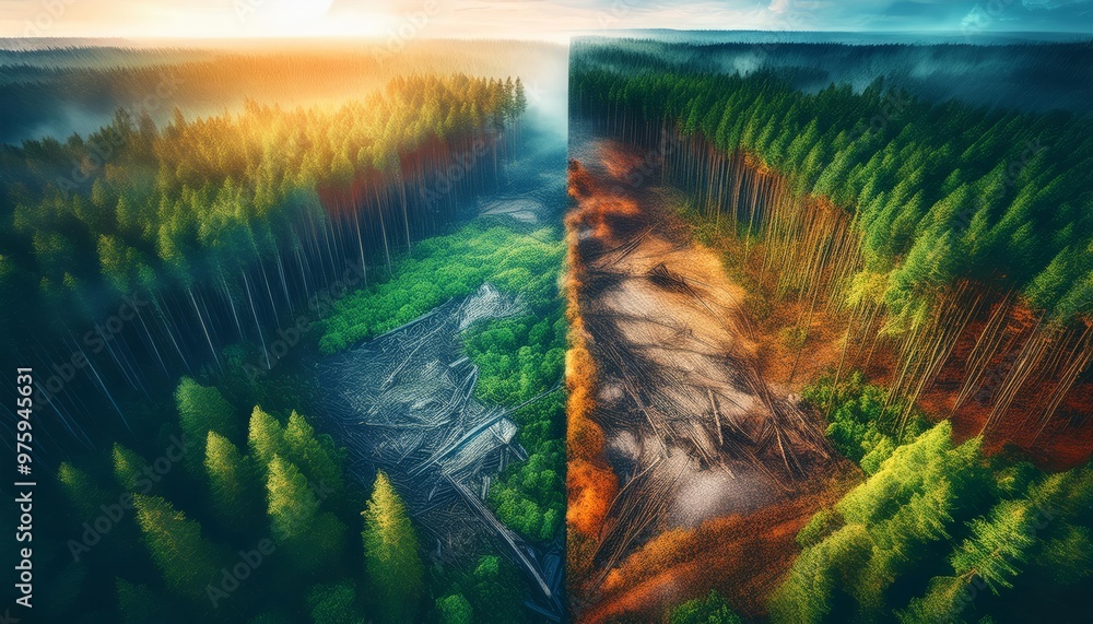 Lush Forest vs. Deforestation – Surreal Contrast Lush Forest vs. Deforestation – Surreal Contrast