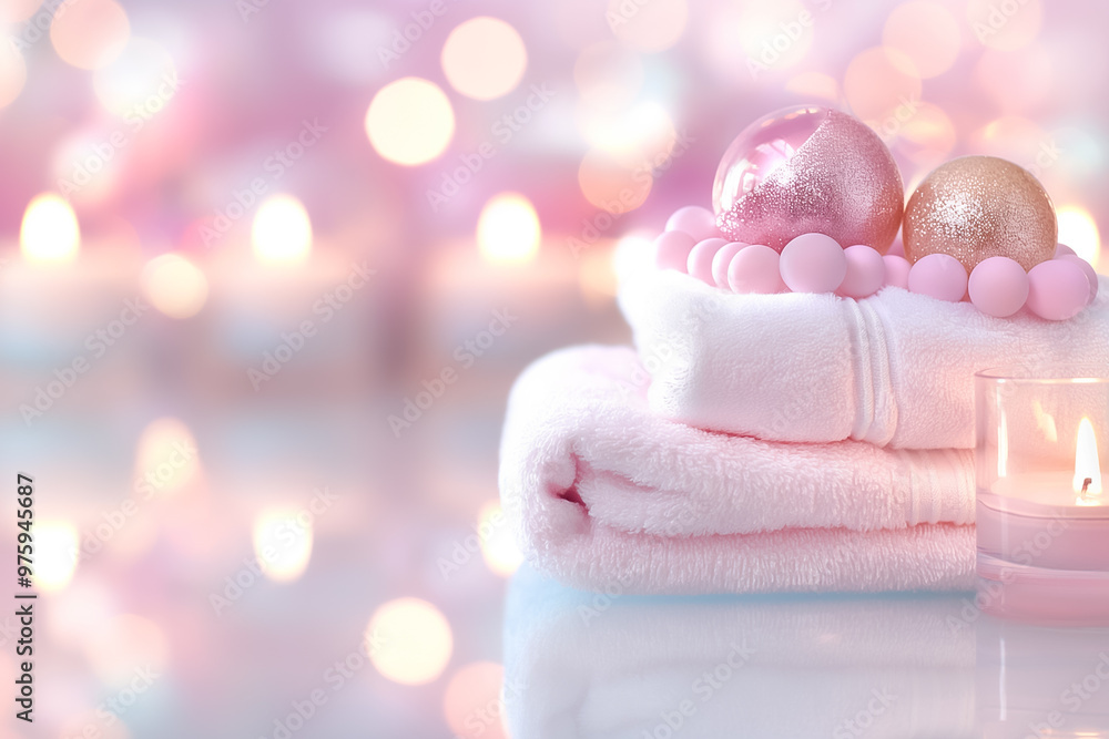A cozy arrangement of soft pink towels stacked with shimmering ornaments and delicate candles sets a tranquil ambiance, perfect for a relaxing spa experience A cozy arrangement of soft pink towels stacked with shimmering ornaments and delicate candles sets a tranquil ambiance, perfect for a relaxing spa experience