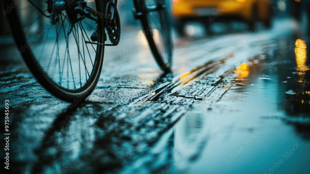 Wet bicycle tires leaving tracks on a rain-soaked street. Wet bicycle tires leaving tracks on a rain-soaked street.