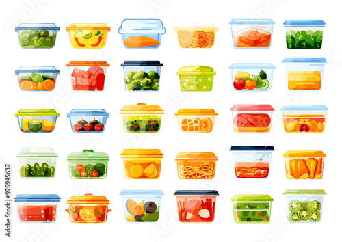 Food containers storage cartoon vector set. Sealed produce salad pasta soup lunch kitchen utensils fresh packs tanks isolated illustrations on white background
