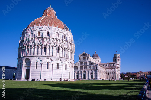 The Pisa Baptistery of St. John is a Roman Catholic ecclesiastical building located in the Piazza dei Miracoli, near the cathedral's and the famous leaning tower.	 photo