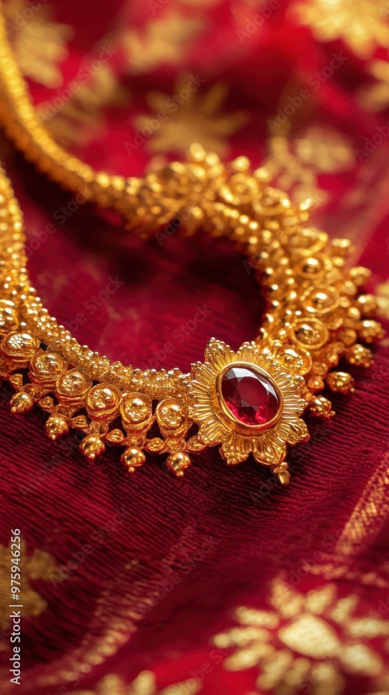 Traditional gold necklace with rubies set on a velvety wine red velvet cloth, surrounded by subtle rangoli patterns in the gradient background, Copy space, happy Diwali background, traditional, Indian Traditional gold necklace with rubies set on a velvety wine red velvet cloth, surrounded by subtle rangoli patterns in the gradient background, Copy space, happy Diwali background, traditional, Indian