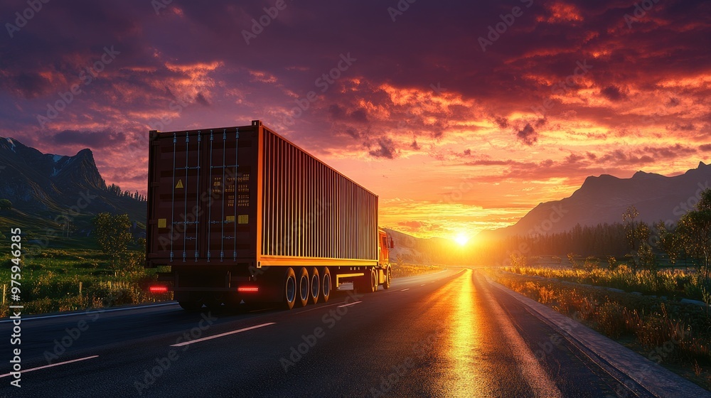 Fototapeta premium A shipping container truck on the open road during sunset, symbolizing logistics and transportation with a scenic backdrop