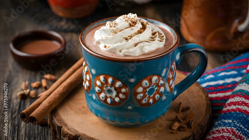A cup of Mexican hot chocolate topped with whipped cream and a sprinkle of cinnamon, served in a rustic mug.  