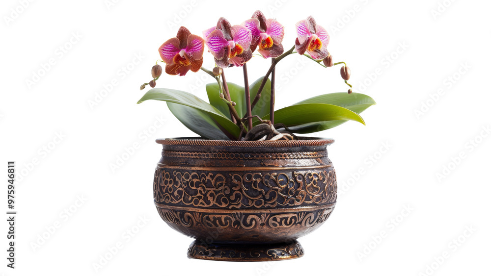 Decorative metal plant pot with a blooming orchid, isolated on a white background. Decorative metal plant pot with a blooming orchid, isolated on a white background.