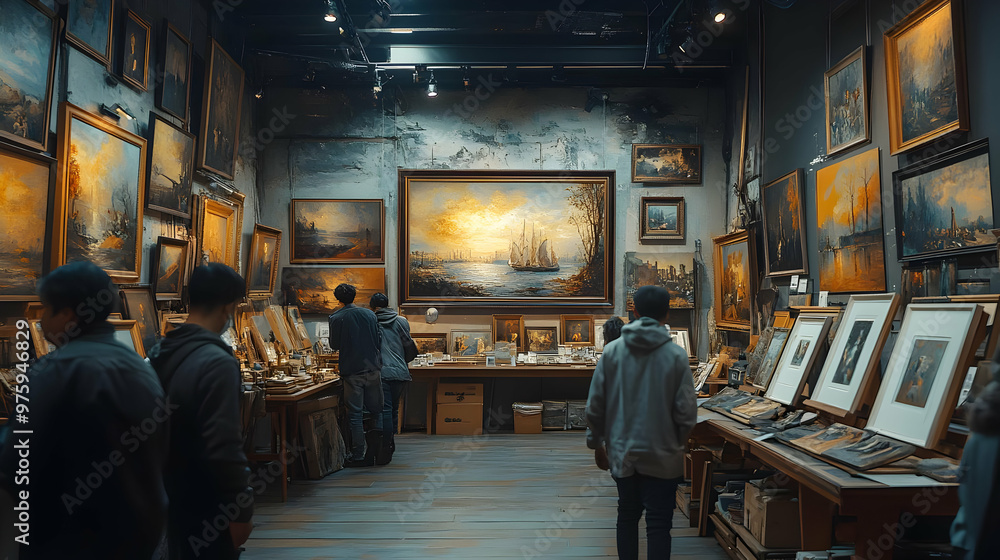 Gallery Interior with Paintings and People Gallery Interior with Paintings and People