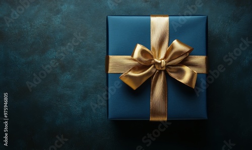 Dark blue gift box with gold satin ribbon on dark background. Top view of birthday gift with copy space for holiday or Christmas present 