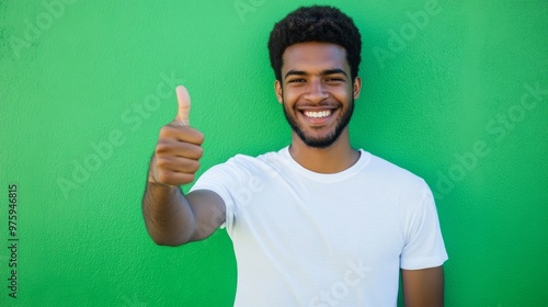 Smiling man giving thumbs up against green background