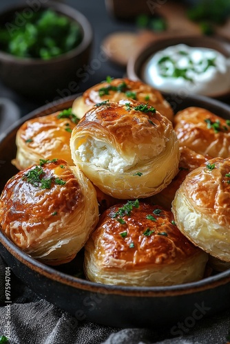 Štrukli: A baked or boiled pastry filled with cottage cheese and sour cream, often served as an appetizer or dessert. photo