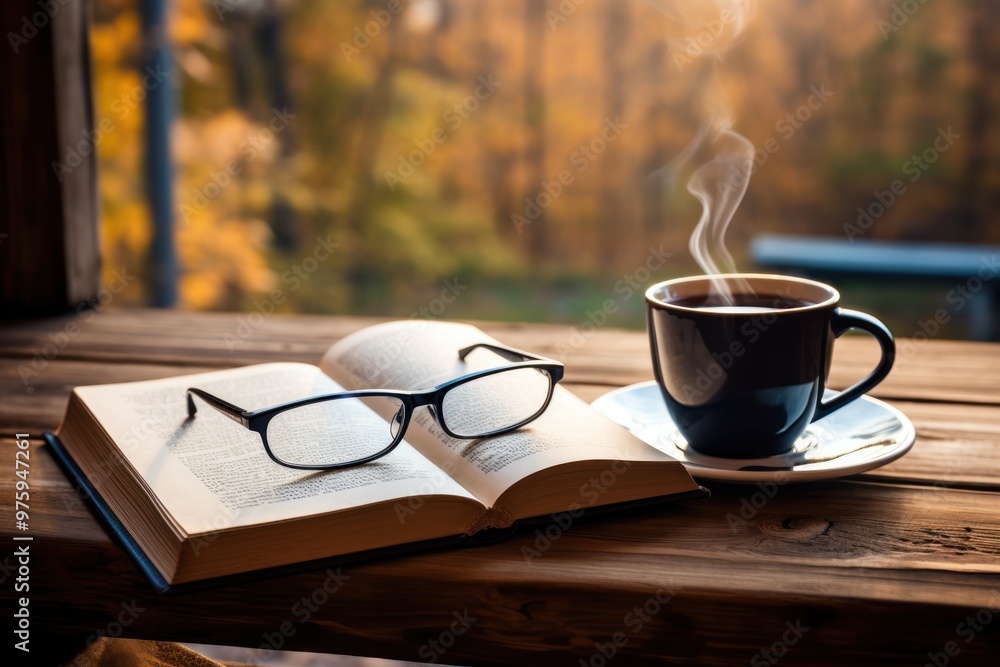 A ceramic mug filled with steaming coffee, resting beside a book and a pair of reading glasses on a rustic wooden surface A ceramic mug filled with steaming coffee, resting beside a book and a pair of reading glasses on a rustic wooden surface