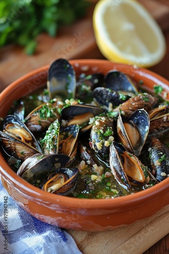 Dagnje na buzaru: Mussels cooked in a white wine, garlic, and parsley sauce, typically served with bread. photo