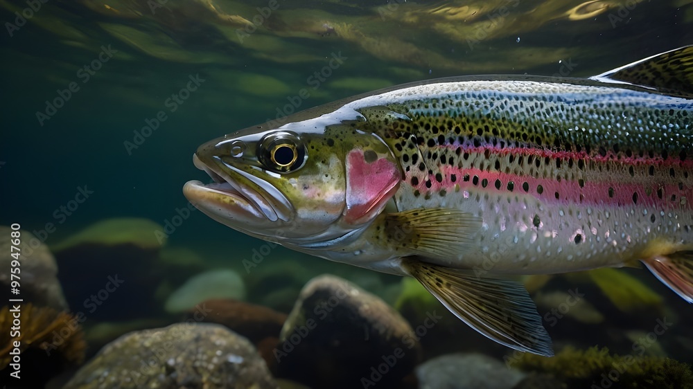 The rainbow trout (Oncorhynchus mykiss) in the lake.The rainbow trout (Oncorhynchus mykiss) in the lake.Trout in the green water of a mountain lake. The rainbow trout (Oncorhynchus mykiss) in the lake.The rainbow trout (Oncorhynchus mykiss) in the lake.Trout in the green water of a mountain lake.