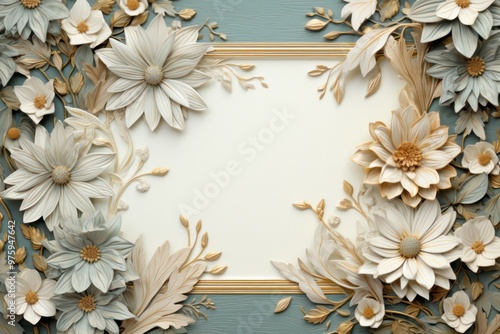 A classic thank you greeting card featuring an ornate gold frame surrounding a floral pattern of daisies and lilies in muted tones