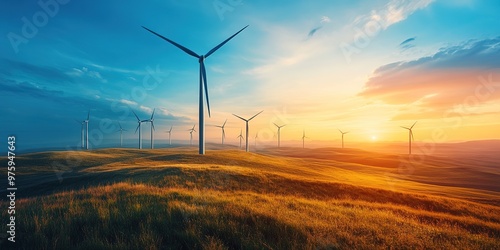 Wind turbines on sunset-lit hills, eco-friendly energy.