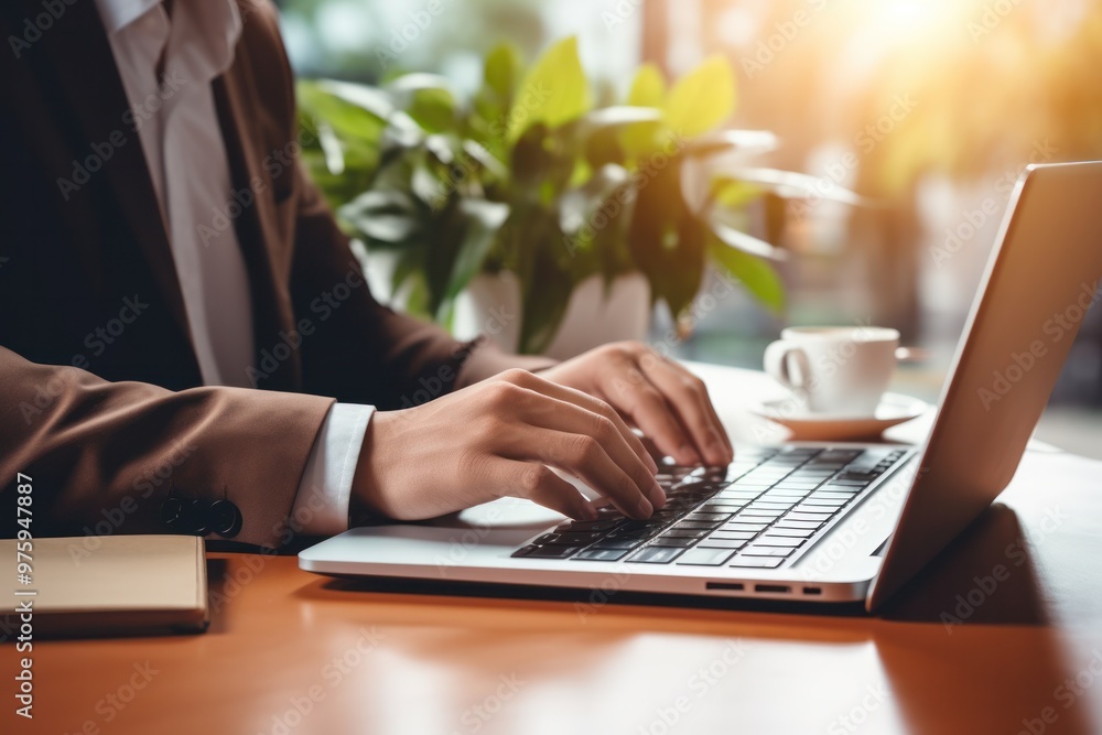 A close-up of a businessperson's hands typing on a laptop keyboard, with a neatly organized desk including a notebook, pen, A close-up of a businessperson's hands typing on a laptop keyboard, with a neatly organized desk including a notebook, pen,