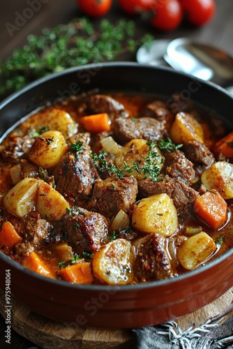 Čobanac: A hearty stew made from several types of meat, paprika, and vegetables, popular in Slavonia. photo