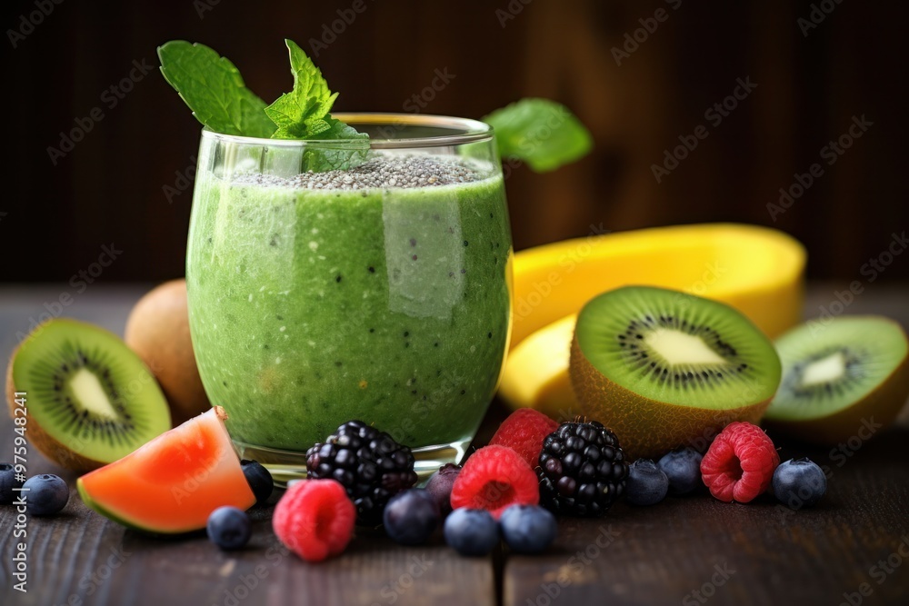 A close-up of a natural green smoothie in a clear glass, with a vibrant color and a garnish of chia seeds and mint, set against a rustic wooden table A close-up of a natural green smoothie in a clear glass, with a vibrant color and a garnish of chia seeds and mint, set against a rustic wooden table