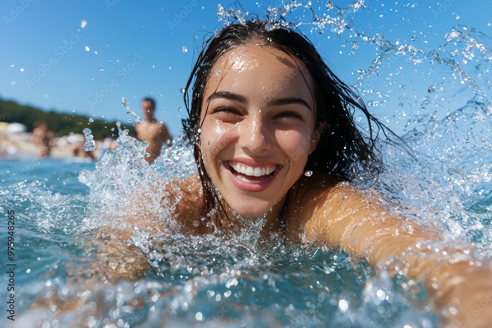 Russian woman in a bikini splashing water playfully in the sea, energetic and fun, stock photo style Russian woman in a bikini splashing water playfully in the sea, energetic and fun, stock photo style