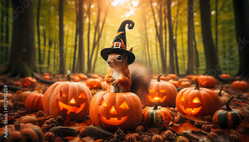 a squirrel sitting amidst several carved pumpkins with lit interiors, in what appears to be a forest setting with a warm, golden light filtering through the trees. The squirrel is wearing a black witc photo