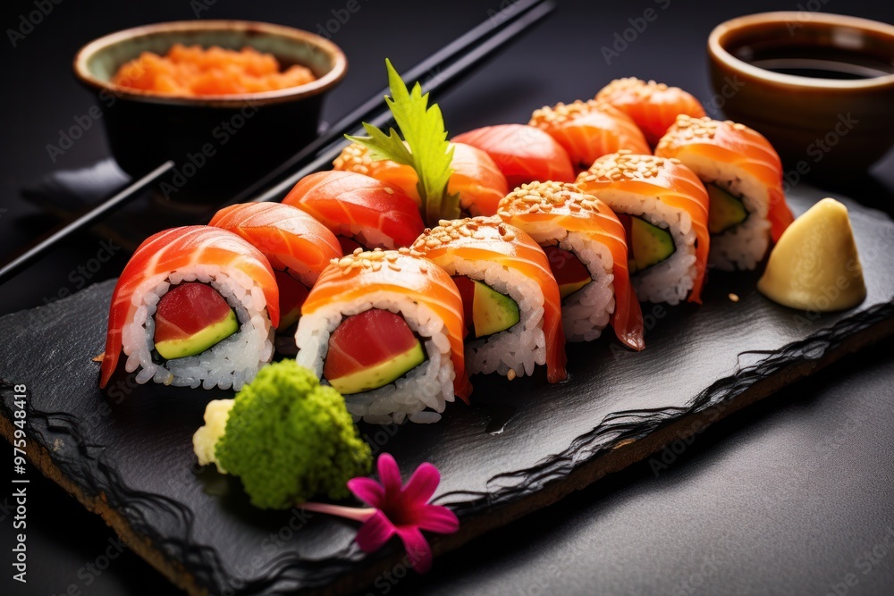 A close-up of a sushi platter showcasing salmon and avocado nigiri, accompanied by soy sauce, pickled ginger, and chopsticks A close-up of a sushi platter showcasing salmon and avocado nigiri, accompanied by soy sauce, pickled ginger, and chopsticks