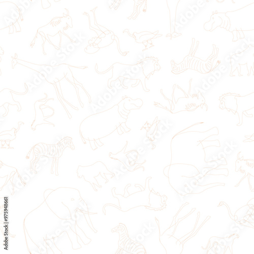 African animals (mammals, birds). Vector doodles seamless pattern. photo