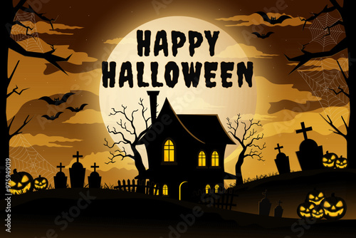 Haunted house with scary tombstones. Halloween background in flat design