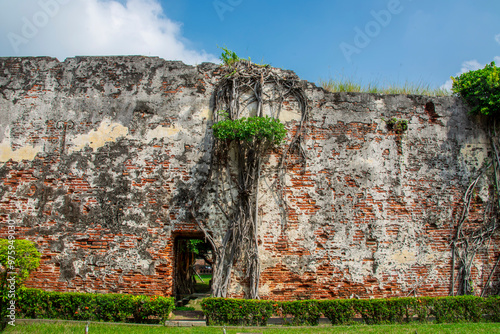 The Wall of Fort Zeelandia in Anping Old Fort in Tainan of Taiwan. 
Original wall of red bricks imported from Batavia and laid by the soldiers of the Dutch East India Company.  photo