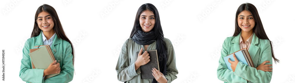 A group of smiling young female college students holding books, isolated on transparent background A group of smiling young female college students holding books, isolated on transparent background