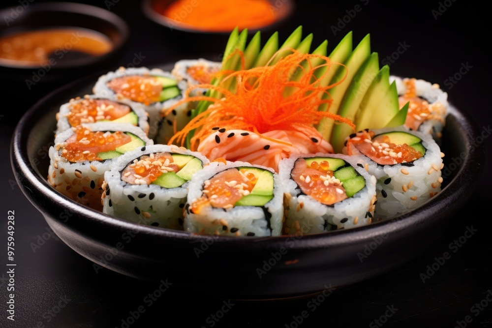A colorful bowl of sushi rolls featuring salmon and avocado, garnished A colorful bowl of sushi rolls featuring salmon and avocado, garnished