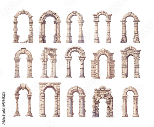 Granite columns old arches cartoon vector set. Stone rock archway entrance manor stronghold marble scuffs fractures exterior structures artwork isolated on white background