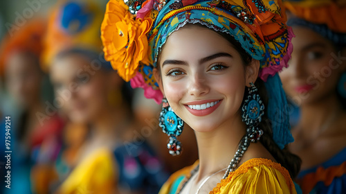 Smiling Woman in Traditional Colorful Headscarf - Realistic Portrait