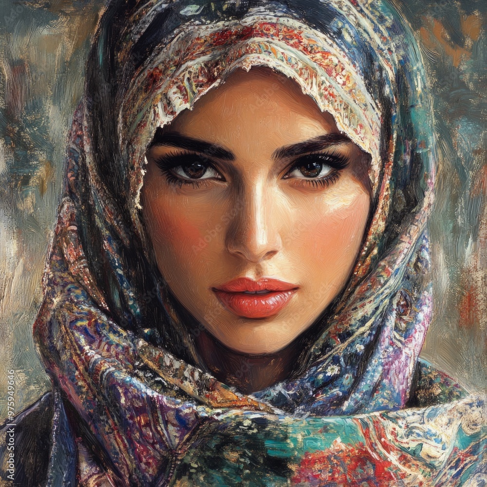 A beautiful woman in a colorful scarf gazes directly at the viewer. The artistic style showcases rich tones and intricate patterns. Ideal for cultural or fashion-themed projects. AI A beautiful woman in a colorful scarf gazes directly at the viewer. The artistic style showcases rich tones and intricate patterns. Ideal for cultural or fashion-themed projects. AI