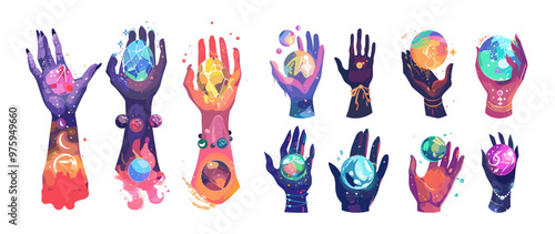 Hands grasping enchanted orbs cartoon vector collection. Wrists fingers capture mystical fragments gemstones glimmers celestial prediction spellcasting charm dark magic wizardry items isolated arts