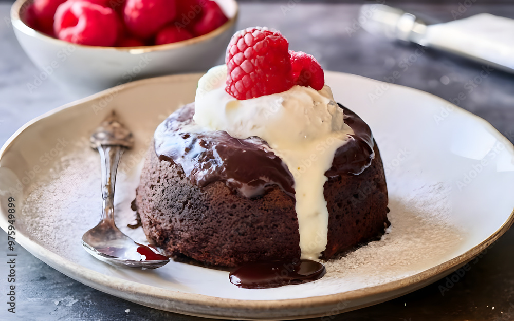 A serving of chocolate lava cake with a molten center, topped with a scoop of vanilla ice cream and a drizzle of raspberry sauce A serving of chocolate lava cake with a molten center, topped with a scoop of vanilla ice cream and a drizzle of raspberry sauce