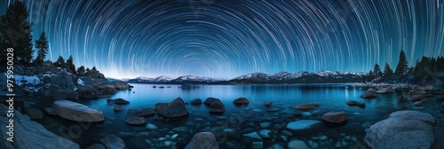 Star Trails Over an Alpine Lake with Visible Underwater Boulders photo