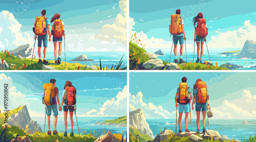 Hiking adventurers cartoon vector scenes. Couple man woman rocks cliff stones backpacks greenery back view lake viewing pond gazing together trekking group outdoor characters illustrations