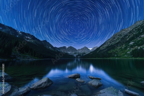 Star Trails Over an Alpine Lake with Visible Underwater Boulders photo