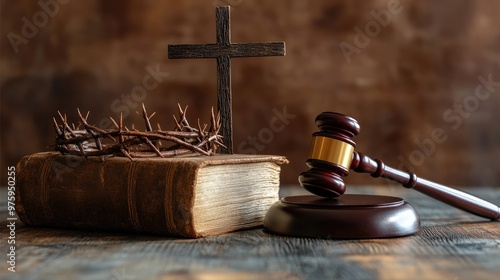 A symbolic arrangement of a cross, Bible, crown of thorns, and gavel on a table, merging religious and legal themes. photo