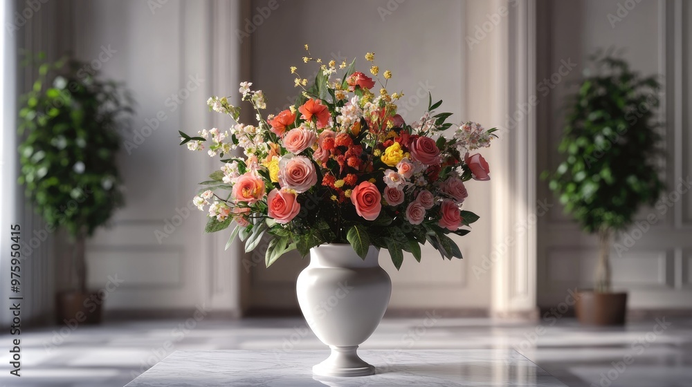 Fototapeta premium Beautiful vase with a vibrant floral arrangement, placed in a luxurious and elegant room, with a realistic background