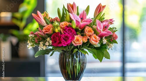 Beautiful vase decorated with vibrant flowers, showcasing a mix of roses, lilies, and tulips, creating a stunning display in a realistic setting