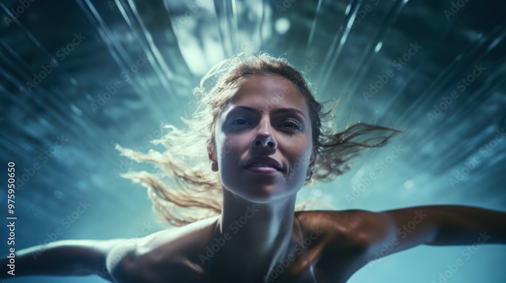 A female athlete performing a backstroke in a crystal-clear swimming pool, with her arms extended, A female athlete performing a backstroke in a crystal-clear swimming pool, with her arms extended,
