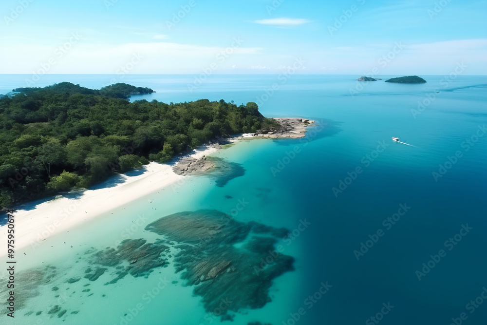 Aerial view of beach with boat Aerial view of beach with boat
