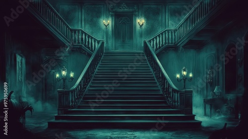 old hotel interior with grand staircase, halloween scene in haunted castle, decorative card design, background, wallpaper, banner and poster