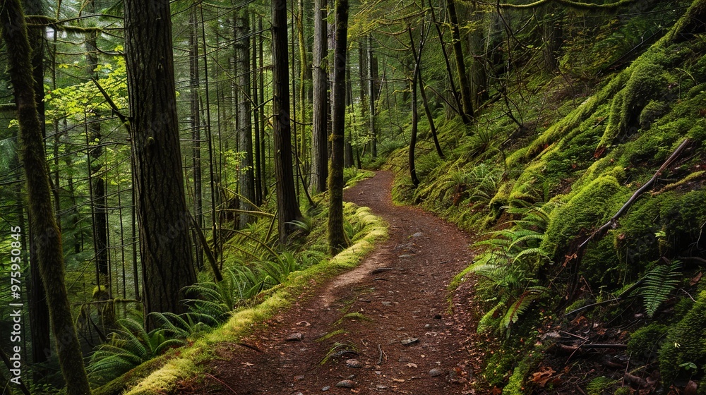 Fototapeta premium A winding dirt path through a lush, green forest, with tall trees and ferns lining the sides.