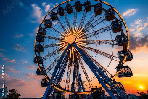 A Ferris wheel turning at sunset, the cabins slowly rotating as people rise and fall against the glowing sky photo