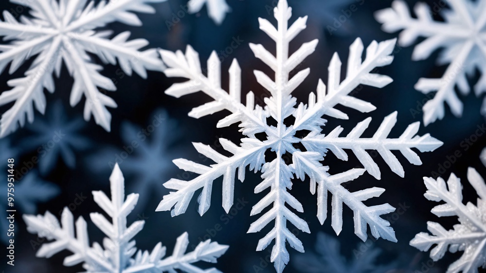 Close-up of delicate white snowflake with intricate patterns against dark background. Close-up of delicate white snowflake with intricate patterns against dark background.