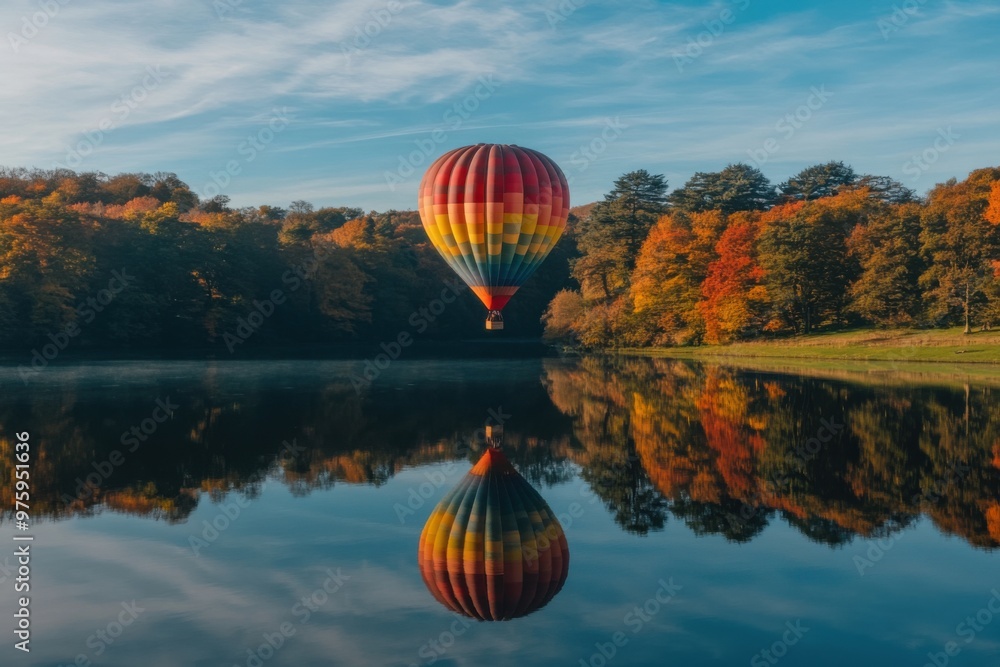 Fototapeta premium A single hot air balloon drifting peacefully over a mirror-like lake, with its reflection perfectly visible in the still water below, surrounded by autumn trees