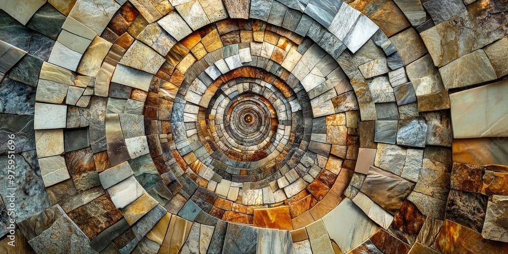 Fototapeta premium A mesmerizing spiral design showcasing a variety of textured stones and colors. This image captures the essence of natural stone art. Perfect for home decor or artistic inspiration. AI